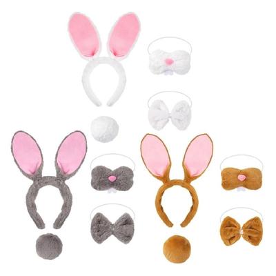 4Pcs Kids Adults Rabbit Ears Headband Bowtie Nose Bunnies Tail Easter Bunnies Costume Set for Halloween Cosplay Party