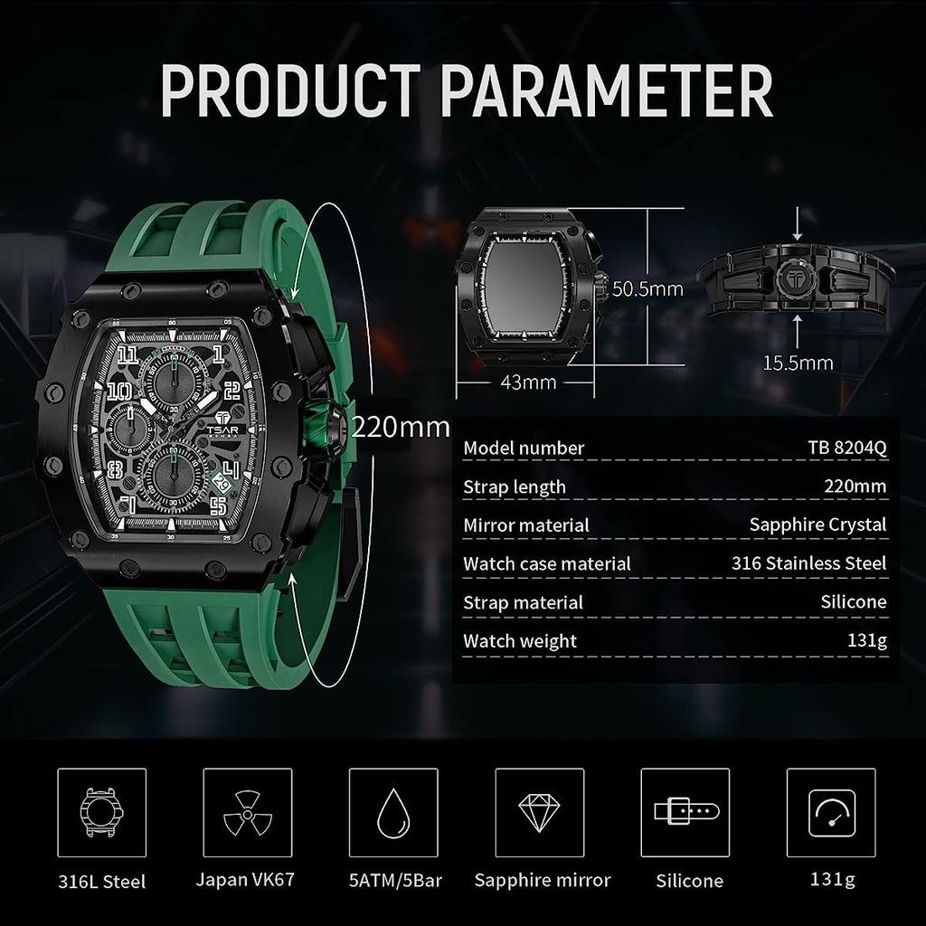 TSAR BOMBA Quartz Analog 5 ATM Water Tonneau Stainless Steel Simple Large Casual Sport Day Green 06 Men's Watch, Movement, Resistance, Shape, Case,