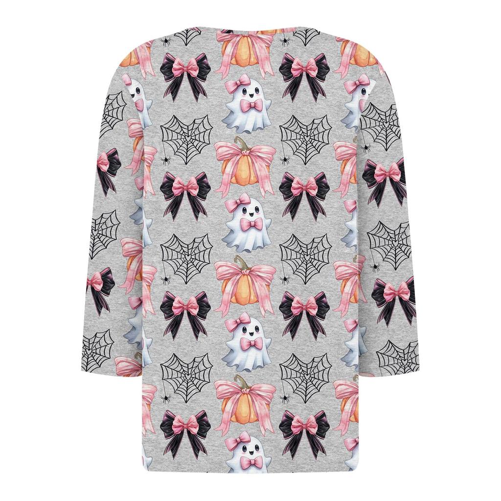 3/4 Ärmel Damen Tops Halloween Print Vintage Mode Lässig Locker Mit V-Ausschnitt Übergröße Shirts