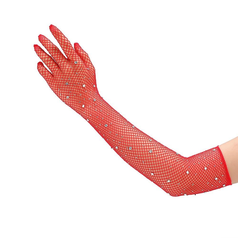 Mesh Fishnet Gloves Glitter Rhinestone Performance Gloves New Long Mittens  Party