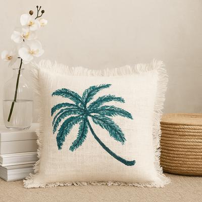 Linen Cushion 45x45cm Palm Tree Fringe