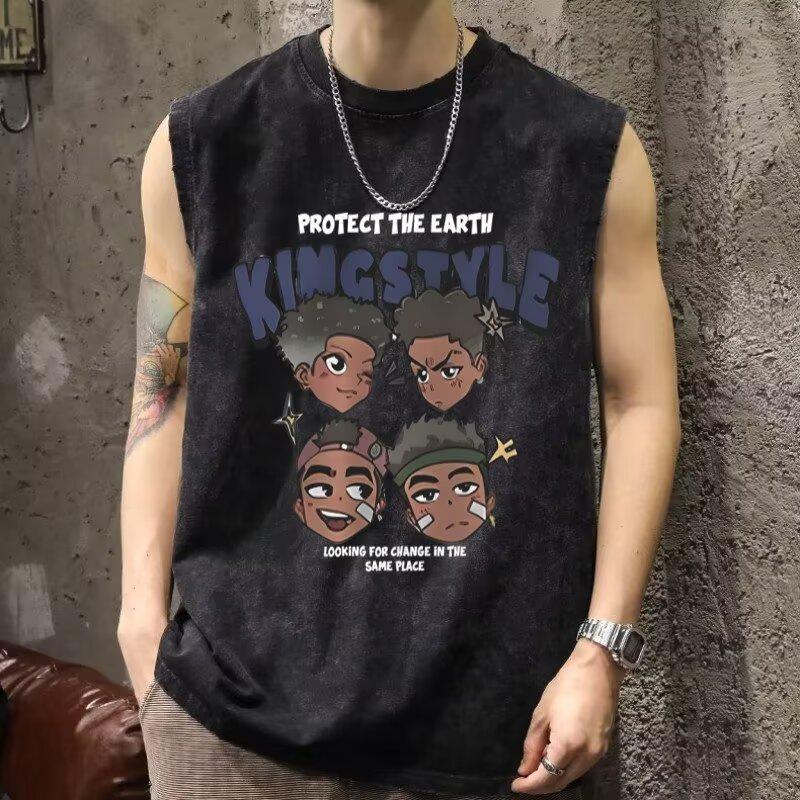 

Мужская футболка-майка свободного кроя, влагоотводящая, в винтажном стиле, с эффектом стирки, 2025, мужская, летняя, новая, модная, повседневная, без рукавов 5XL серый