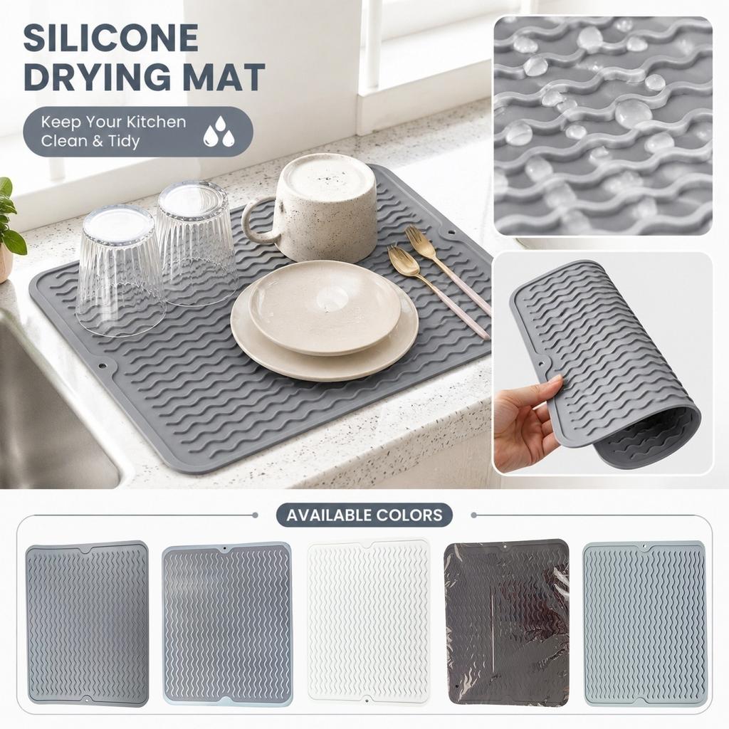 Silicone Dish Drying Mat Medium Size Flexible Non-Slip Water Draining Mat with Wave Pattern for Kitchen Sink Countertop Use