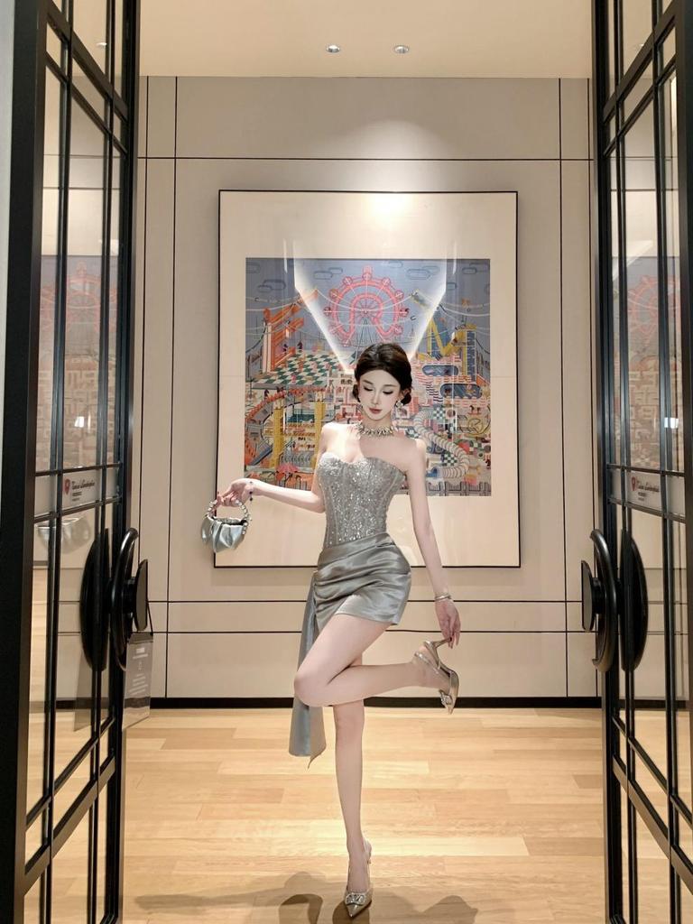 7990 Southeast Asia Women's Sexy Strapless Sequin Patchwork Irregular Dress