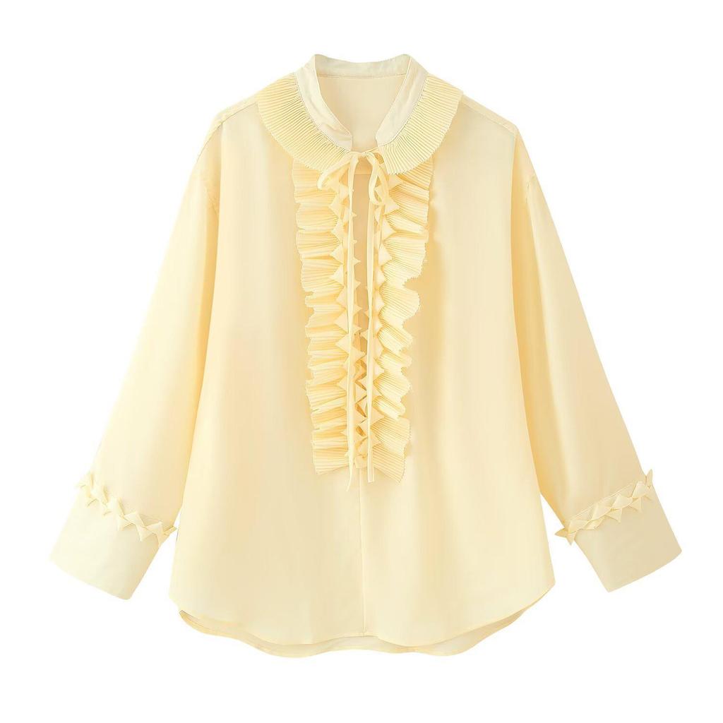 Europäische und amerikanische Damenmode: 2025 Frühling Französisches Rüschen Langarm Oberteil und Midi-Rock Set