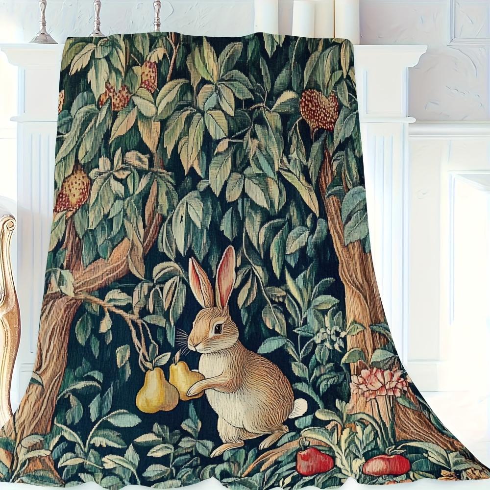 Classic Rabbit and Fruit Pattern Fleece Blanket Botanical Design Soft Warm Throw Boho Interior Decoration Bedding Cover for Home
