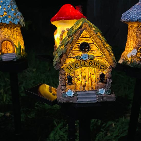 Yousheng Solar Mushroom House Light, Garden Fairy Tale Cottage Solar Light, Outdoor Waterproof Solar Lawn Light with Spike for Yard Patio