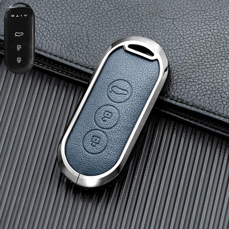 Business Style Double-Sided Leather Key Shell for AITO M7/M5 EV 2022 Model - Full Coverage Metal Car Key Case