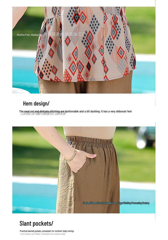 Mom's Summer Chic Two-Piece: Stylish Short-Sleeved T-shirt & Top for Elderly Women