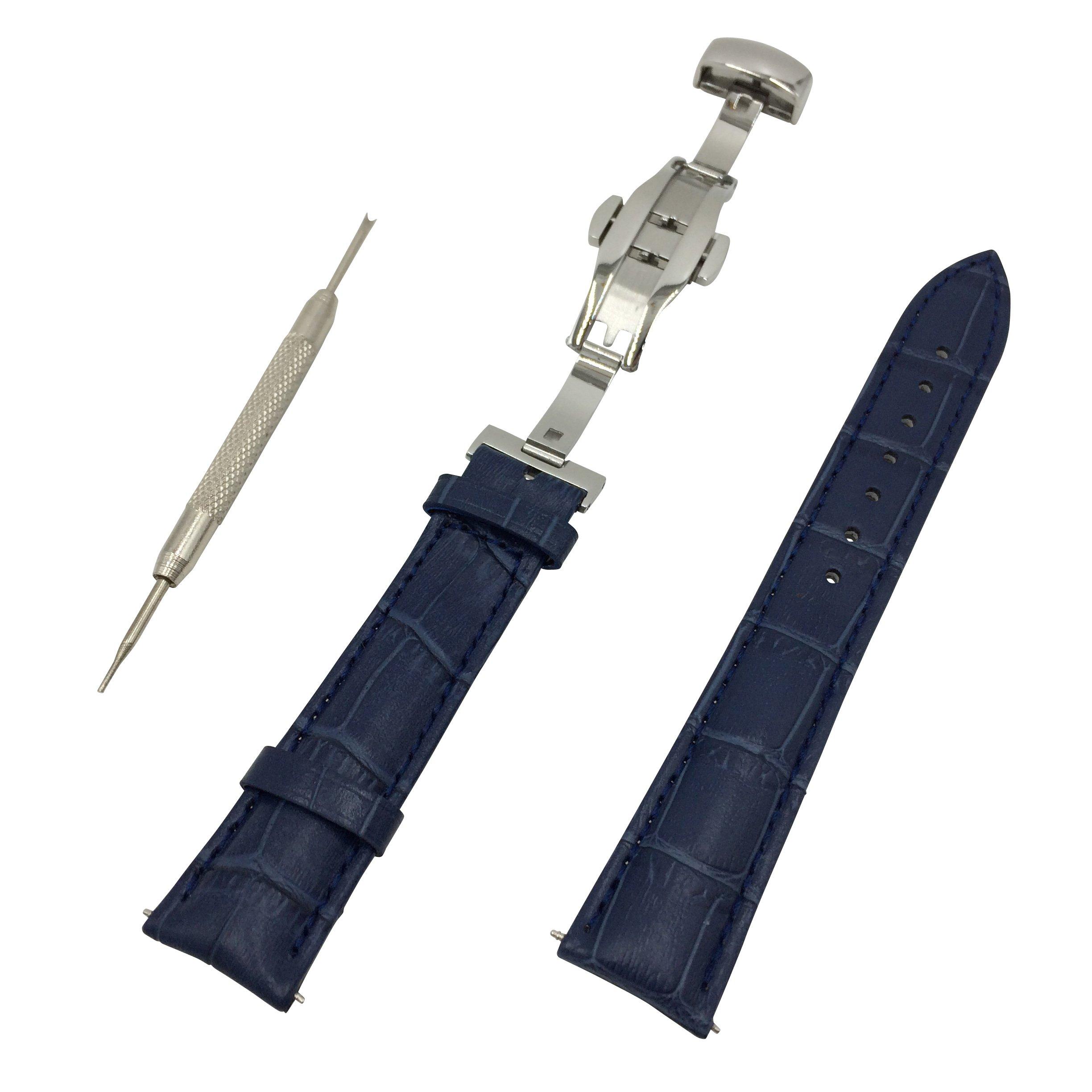 

[E-Shop] Push-button watch band, genuine leather, D-buckle, butterfly clasp, crocodile embossed leather, with spring bar removal tool (24 Light Navy,