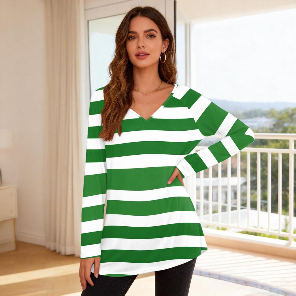Women's Fashionable Casual Long-Sleeved Striped Print V-Neck Mid-Length Top
