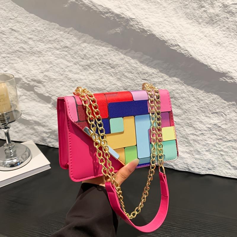 Modische Damen-Tasche mit Color-Blocking und Patchwork-Design, Karomuster, Geeignet zum Tragen über der Schulter oder als Crossbody-Tasche, Perfekt für Freizeitaktivitäten