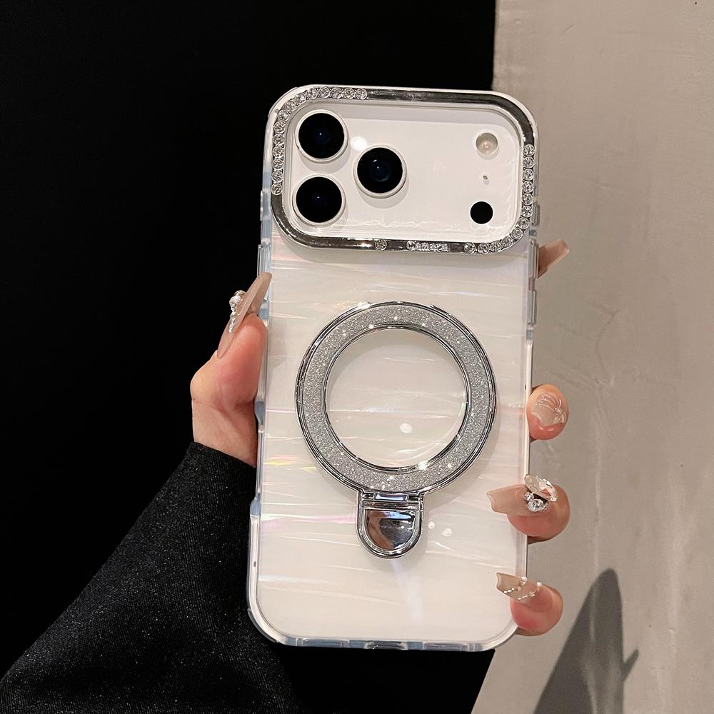 KEYSION Magnetische Muscheltextur Juwelenbesetzte Handyhülle für iPhone 14 15 17 Pro Max Air 16Plus Stoßfestes Panzer-Ringständer-Backcover