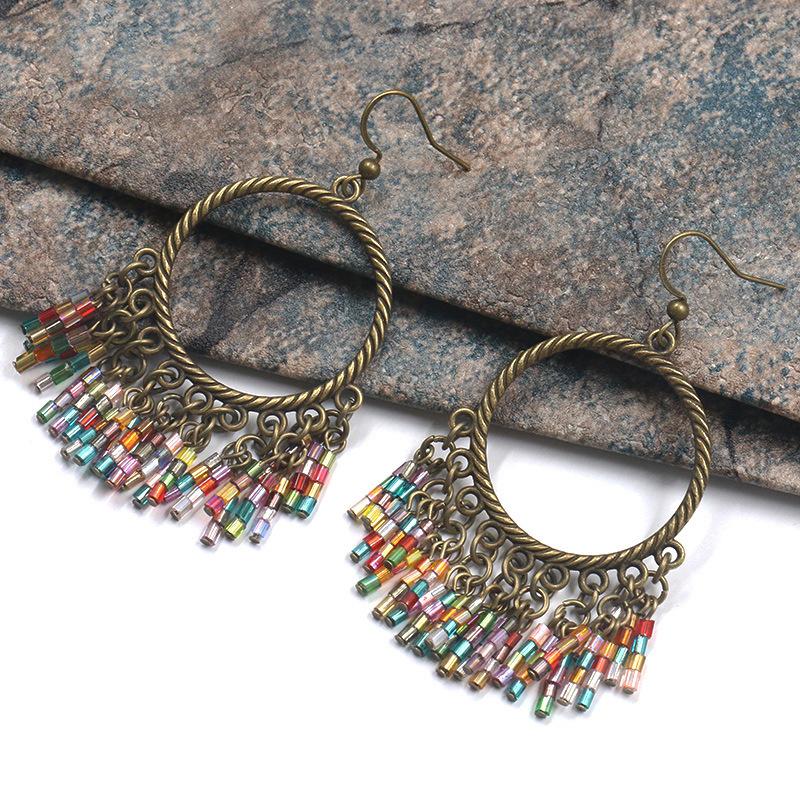 

Bohemian Retro Geometric Round Drop Dangle Earrings For Women Colorful Beads Handmade Antique Bronze Vintage Earrings Zircon античный бронзовый