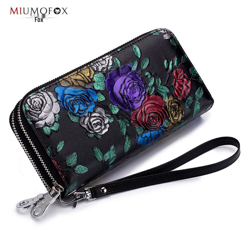 

Rose Flower Ladies Genuine Leather Wallet – Double Zipper, Large Capacity, Multi-card Slots