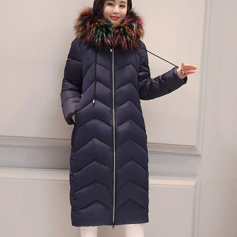 Woman Winter Down Cotton Parka Jacket Coat Outwear Long Hooded Fur Collar Zipper Pocket Loose Diamond Pattern Warm Solid Color