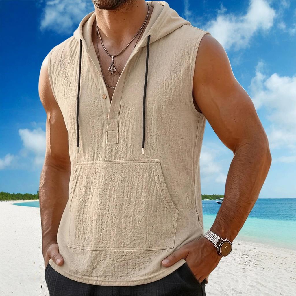 Men Sleeveless Hoodie Button Front Pullover Linen Cotton Blend Casual Vest with Kangaroo Pocket and Adjustable Drawstring Hood