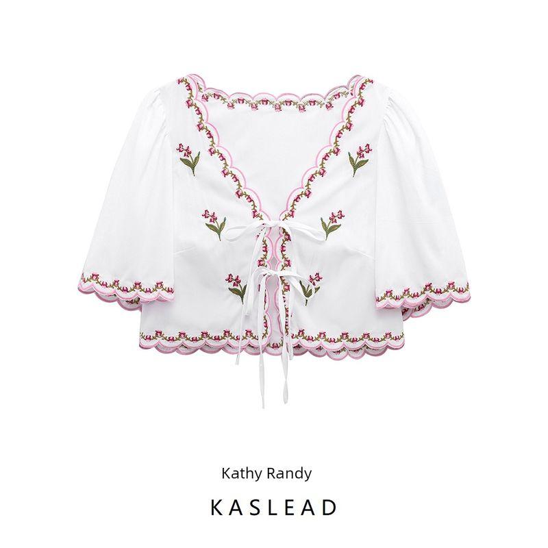Kaslead New Arrival Women's Clothing Fashion Style Fashion All-Match Florals Embroider Poplin Tops 1281793