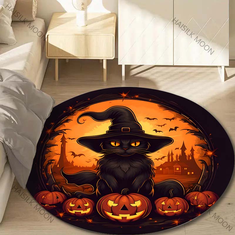 1PC Pumpkin Head Bat Castle Halloween Round Carpet for Kids Living Room Rugs Picnic Mats Flannel Anti-Slip Rug Luxury Gift