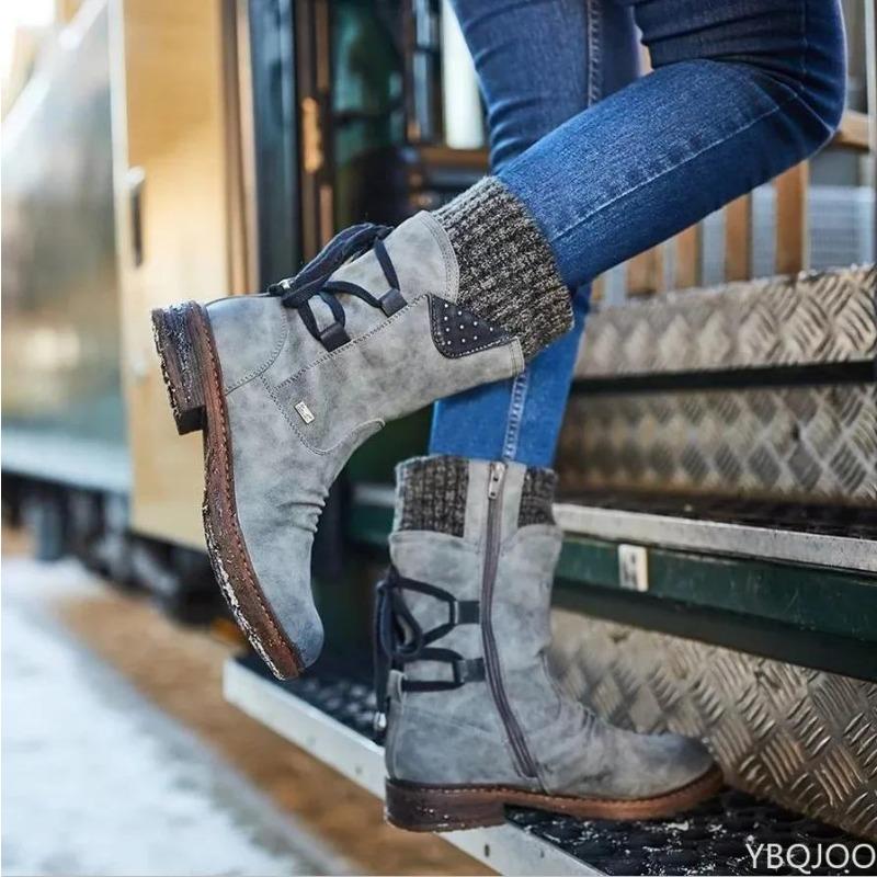 Women's Boots Winter 2025 Side Zipper Snow Boots Lace Up Women Shoes Size 43 Knitting Retro Ankle Boots Botas De Mujer