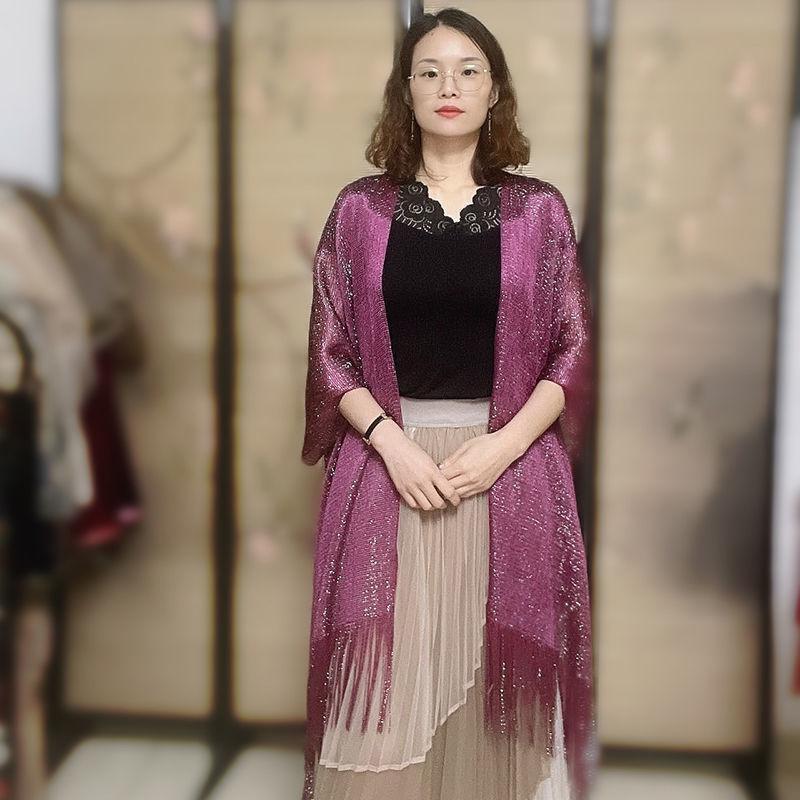 European-Style Gold Silk Split Shawl Women'S Thin Dinner Dress With Decorative Fringe Hollow-Out Sunscreen Scarf