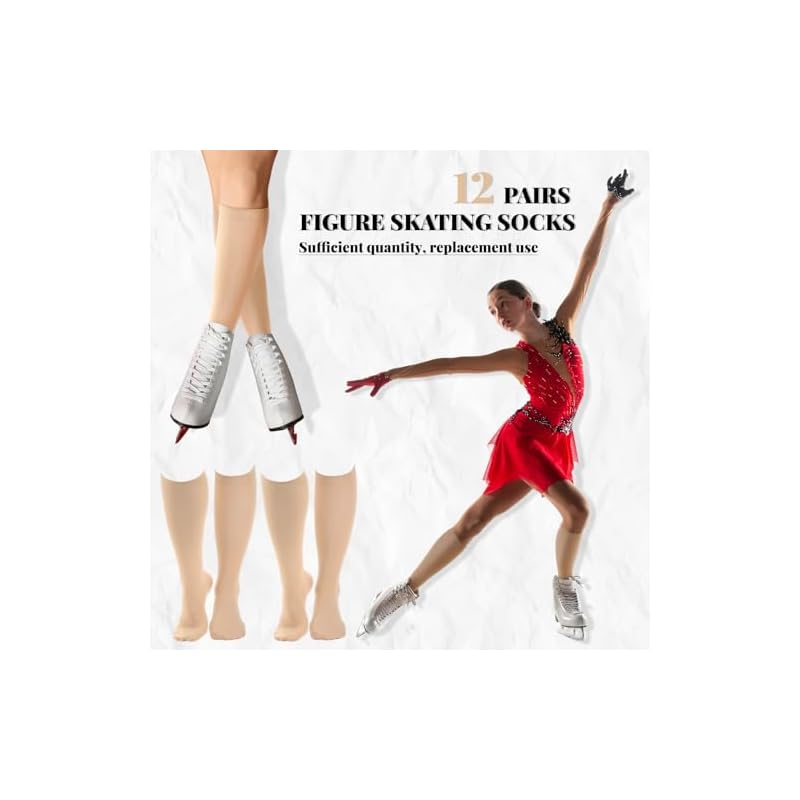 Toulite Ice Figure Skating Socks, 12 Pairs, Girls, Women's, Kids, Nude, One Size
