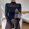 Stylish Slim-Fit Patchwork Lace Mesh Velvet Base Layer Top - High-Neck, Long-Sleeved for Autumn/Winter 2025
