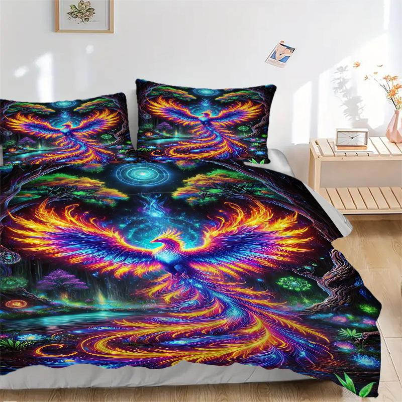 3PCs Psychedelic Phoenix Design Cover Set, Breathable Fabric, Machine Washable (1 Duvet Cover + 2 Pillowcases) (Without Quilt) yy250911176