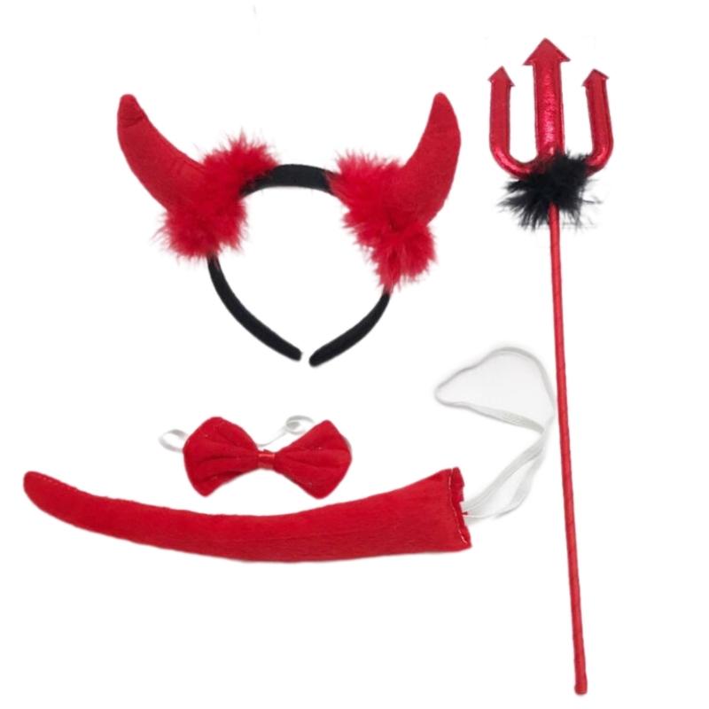 Halloween Devil Costume Kits Including Horn Headband Bowtie Tail Demons Dress Up Outfit Halloween Cosplays Party Props