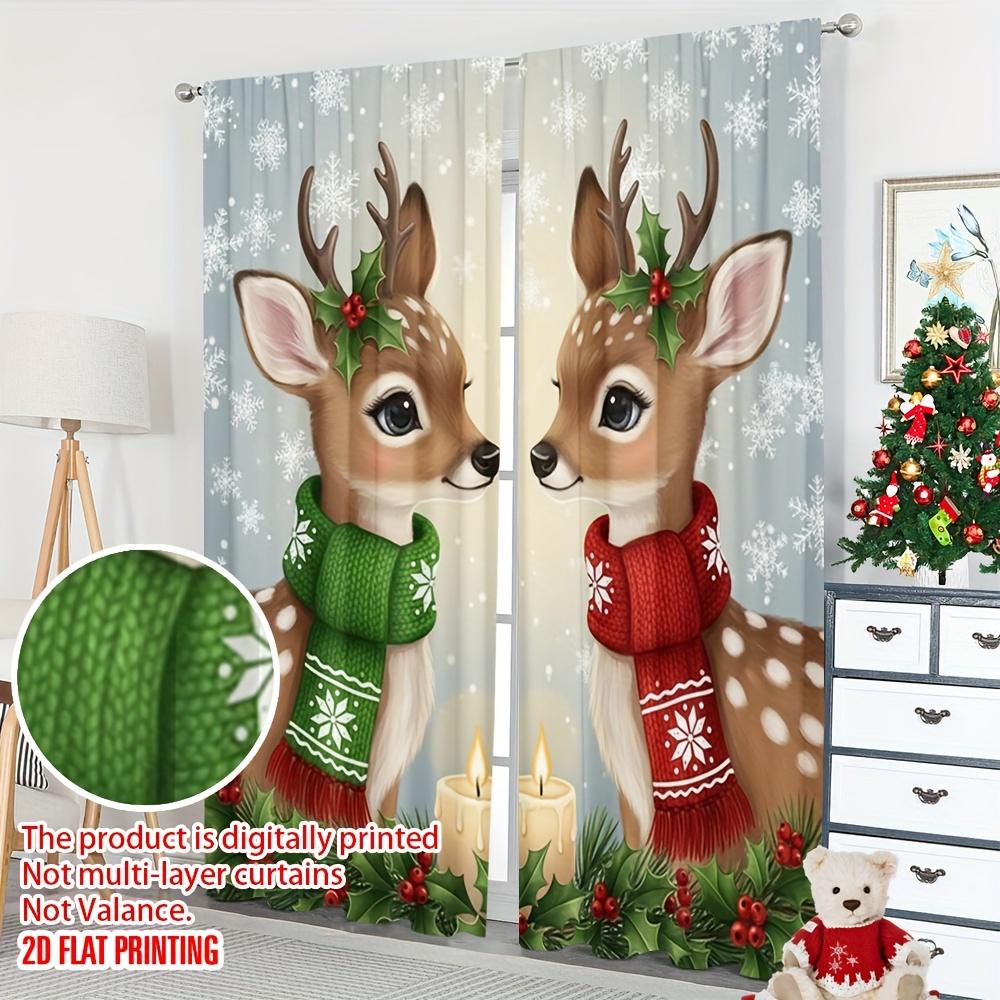 2PCS Christmas Winter Curtains, Cute Christmas Reindeer Snowflake, Digital Print, Bedroom Living Room, Rod Pocket, Home Decor