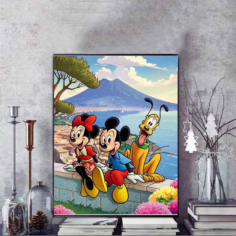 Disney Diamond Painting Mickey Minnie and Pluto Naples Travel Illustration Wall Decoration Full Diamond Cross stitch DIY Gift, Home Decoration