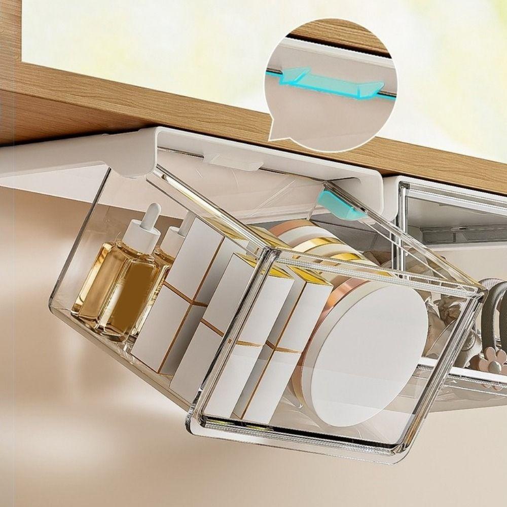 Transparent Under Desk Drawer Organizer Plastic Makeup Storage Container Qtip Holder Office