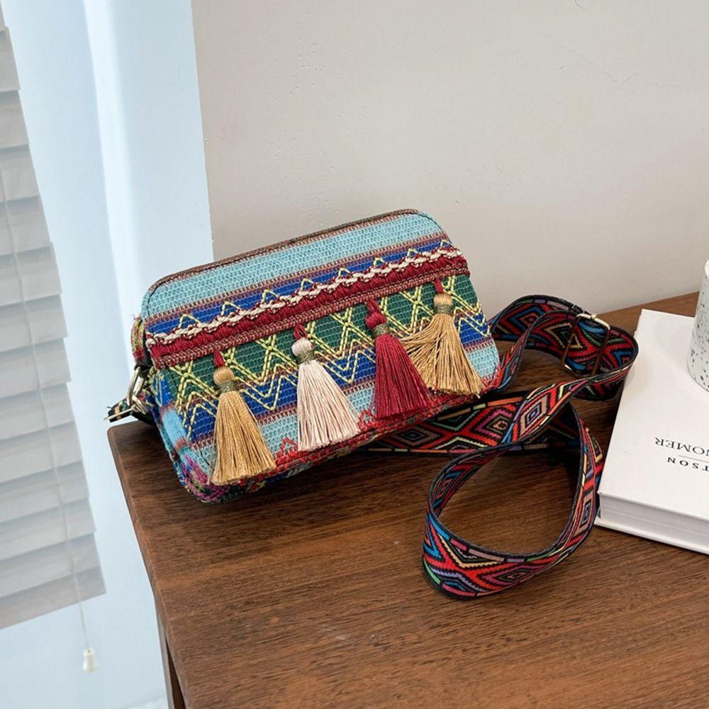 

Bohemian Fringe Cloth Handbag Crossbody Bags Small Square Bag Ethnic Style Bag Women Shoulder Bag B