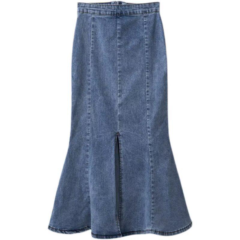 Damen Denim Fishtail Midi Rock - Hohe Taille, Schlankmachend, Rüschenschlitz, Petite A-Linie für Frühling/Sommer