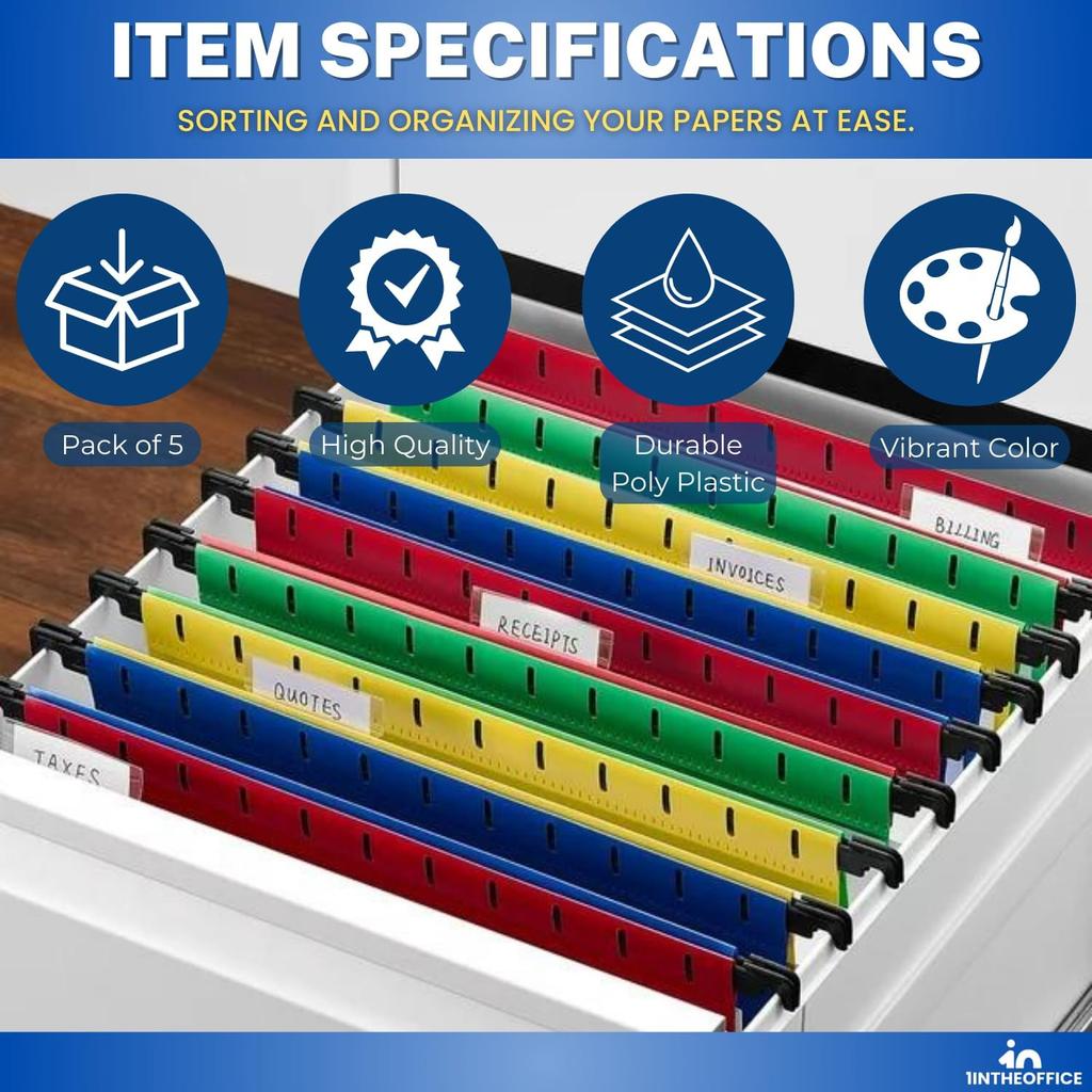 1InTheOffice Poly Expanding Hanging File Folders Letter Size, Hanging File Pocket, File Cabinet Dividers, Assorted, 5/Pack