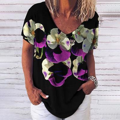 T-shirt da Donna Scollo a V Manica Corta Top Stampa Floreale 3D Moda Streetwear Casual Harajuku Abbigliamento Femminile Largo
