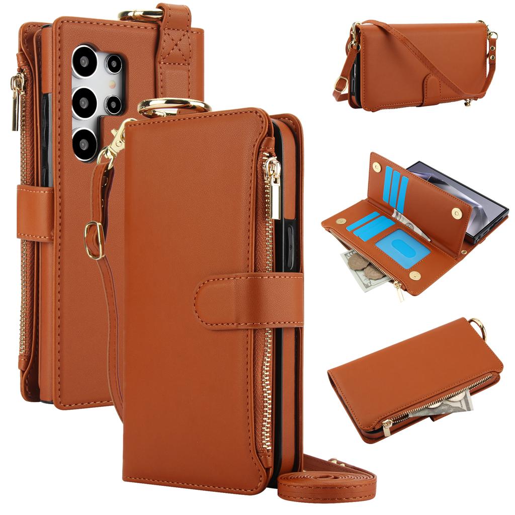 Crossbody Ring Holder Zipper Cards Solt Wallet Leather Case For Samsung Galaxy S24 Ultra S23 FE S22 S21 Plus A55 A15 Purse Cover