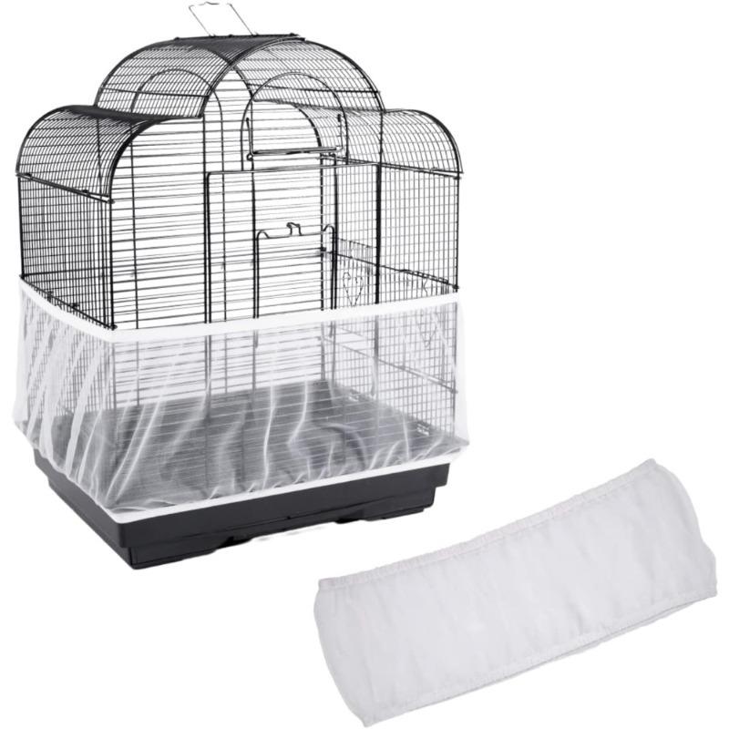 White Nylon Mesh Bird Cage Cover, Breathable Cage Skirt with Anti-Spill Feeding Guard for Pet Birds, Aviaries & Coops