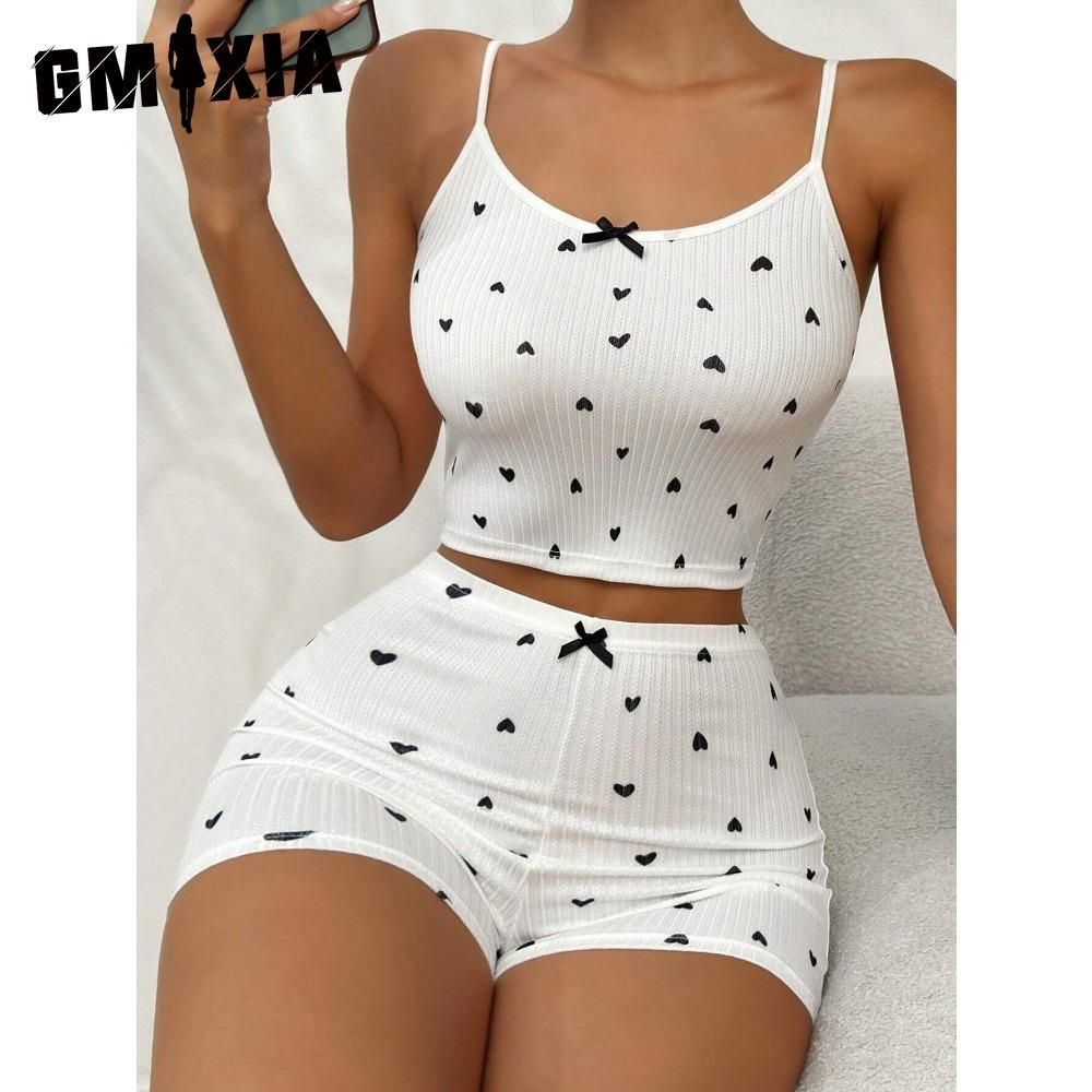 GMXIA Summer Homewear Heart-shaped Printing Bow Halter Home Leisure Suit Pajamas