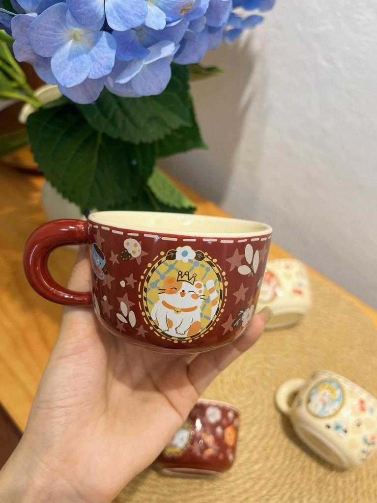 Retro cute lucky meow cup ceramic kitten coffee cup breakfast cup flower tea cup