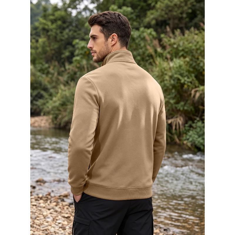 Men's Stand Collar Fleece Lined Zip Jacket Side Pockets Outdoor Casual Top.