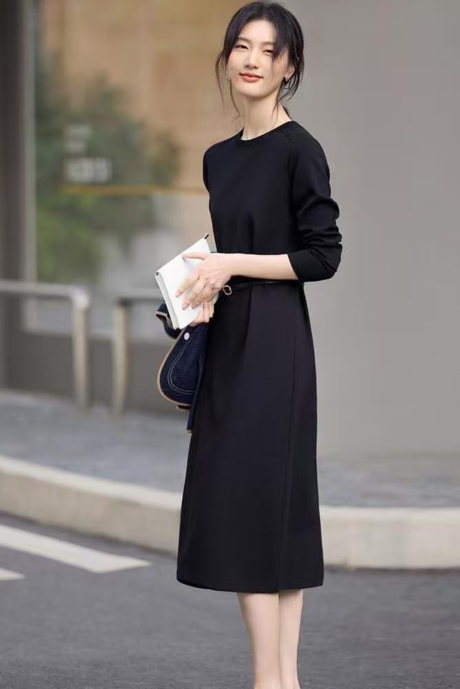 Chubikime Long Sleeve Sweatshirt Crew Midi Solid Simple and Pullover Style with Hem Stylish and Perfect for and Casual Work Women's Dress, Neck,