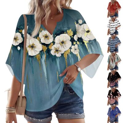 Women's 3/4 Sleeve V Floral Shirt Casual Loose Tunic Top