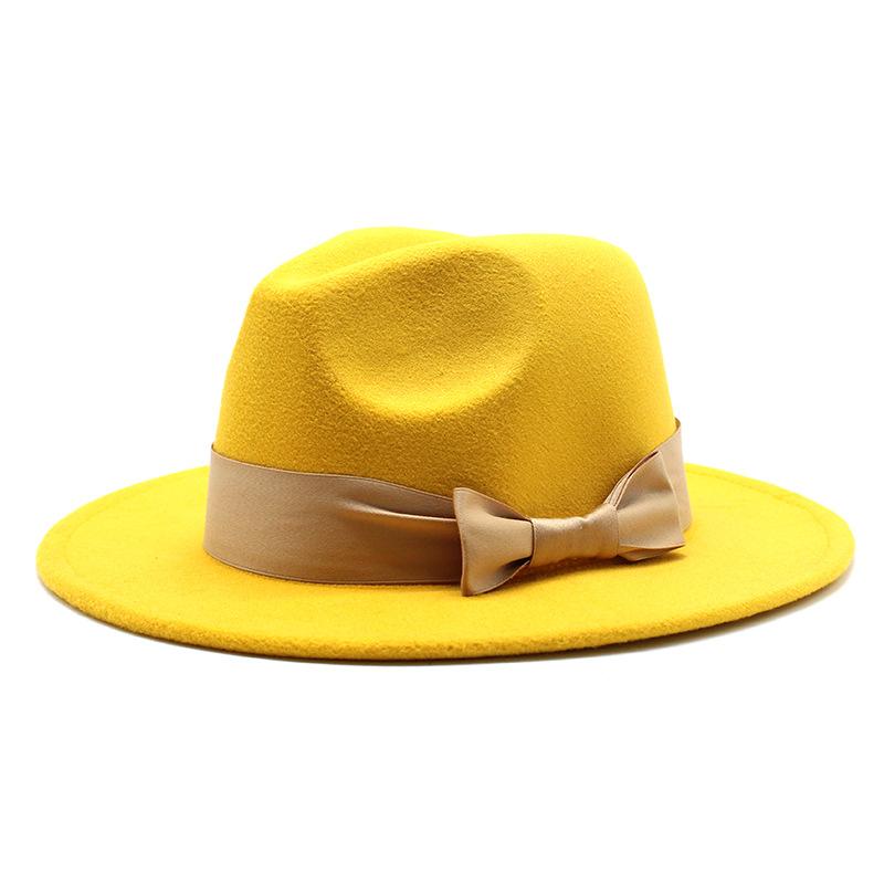 2020 Woolen Top Hat Men'S And Women'S Flat-Brimmed Big Eaves Hat Solid Color Versatile Bow Straight Edge Jazz Hat 22 Colors