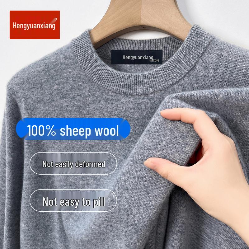Hengyuanxiang Men's 100% Pure Wool Pullover, Round Neck, Thickened Winter Sweater for Middle-Aged Dads.