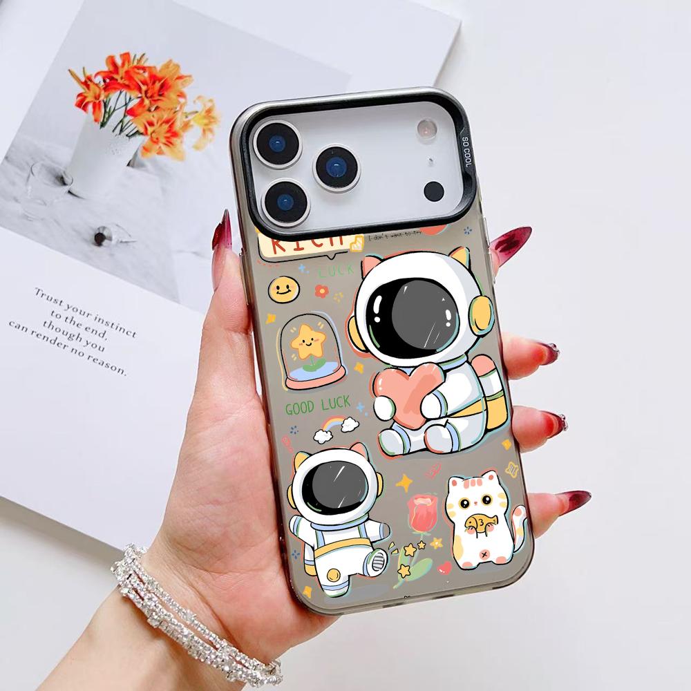 Cute Cartoon Astronaut Phone Case For iPhone 17 16 15 14 13 12 11 Pro Max Air Matte Laser Aurora Shockproof Funda