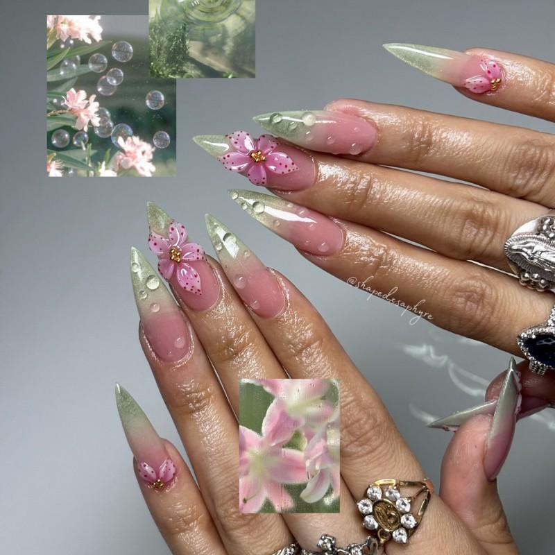 10pcs Handmade Press-On Nails With 3D Floral Design Nude Pink Gradient Glitter Long Almond Shape Women
