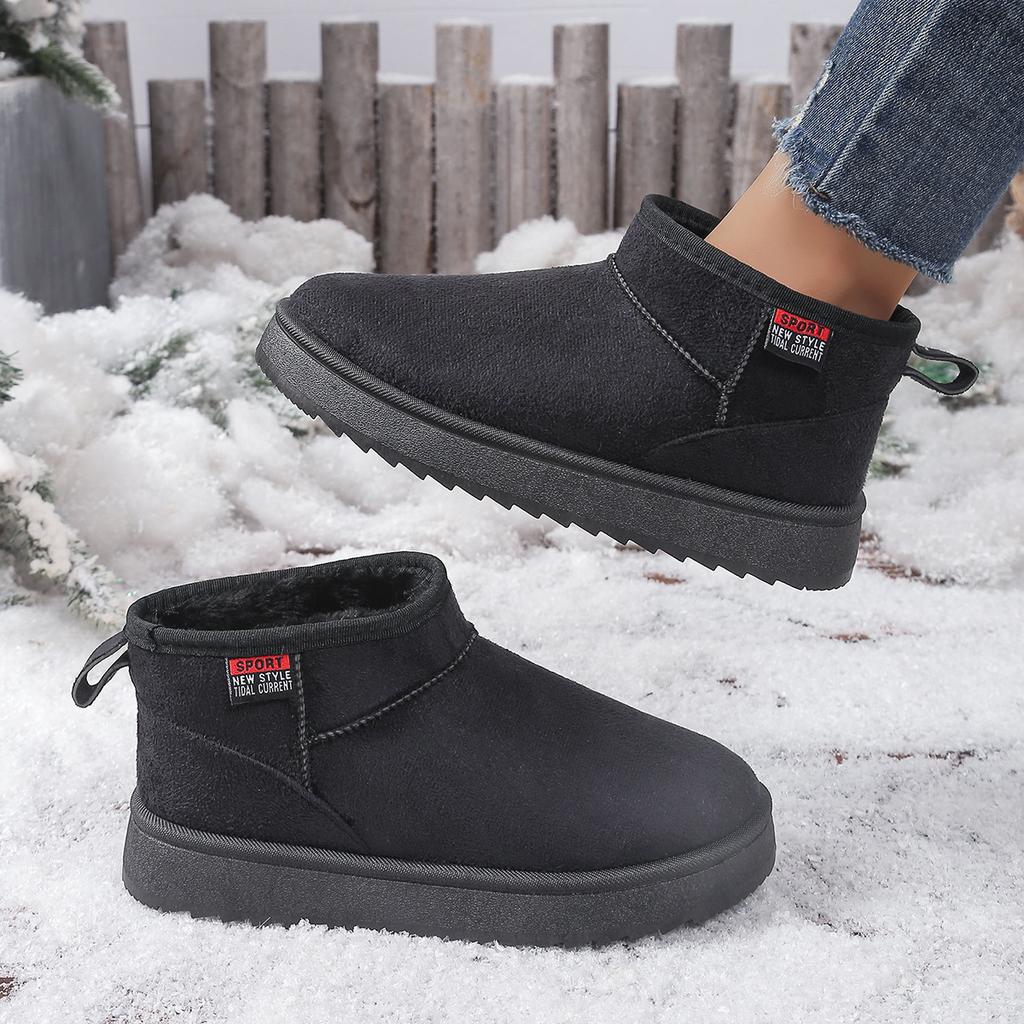 Fashion Women's Solid Color Thick Plush Snow Boots Comfortable Flat Ankle Boots Woman Winter Casual Slip On Flat Cotton Shoes