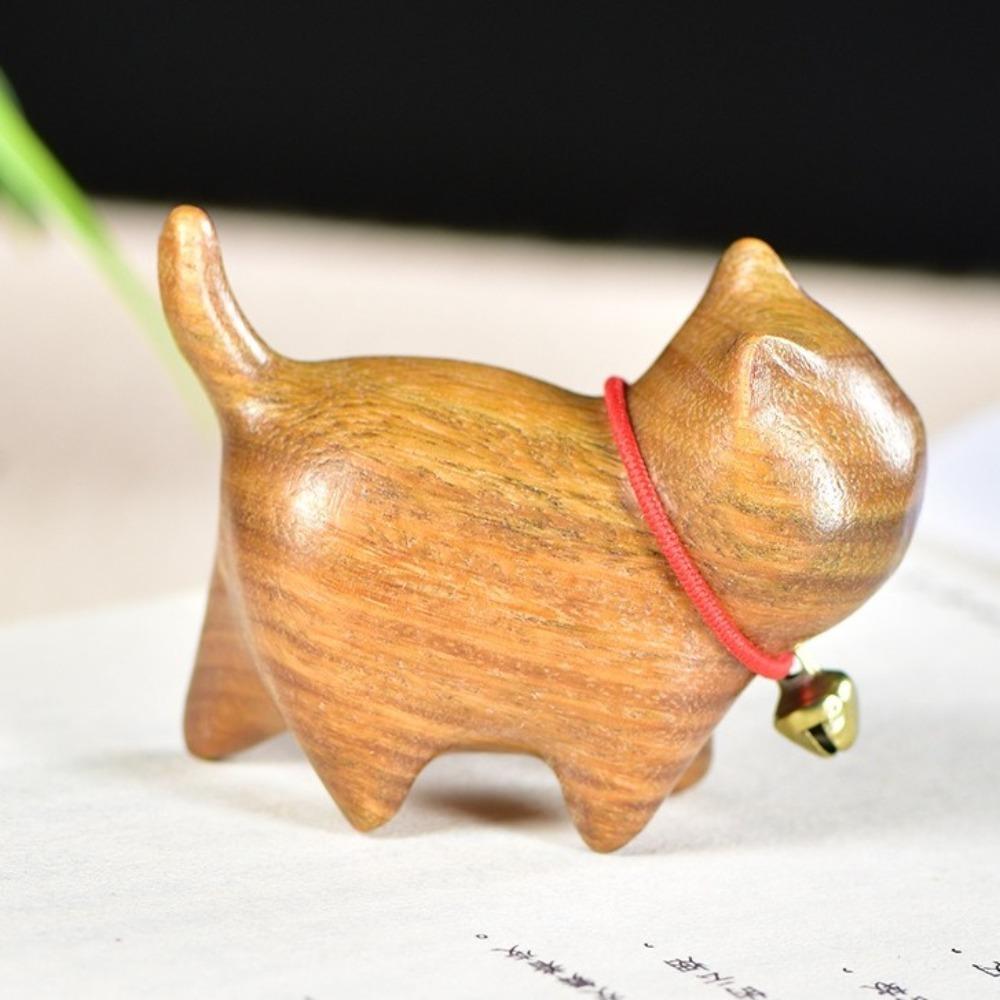 Wood Carving Cat Ornament Natural Texture Lucky Cat Ornament Wooden Cat Figurine  Bookshelf Display