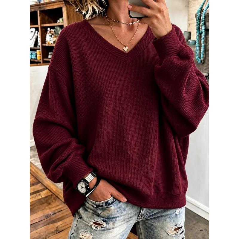 Women S Waffle Knit V Neck Long Sleeve Loose Casual Sweatshirt
